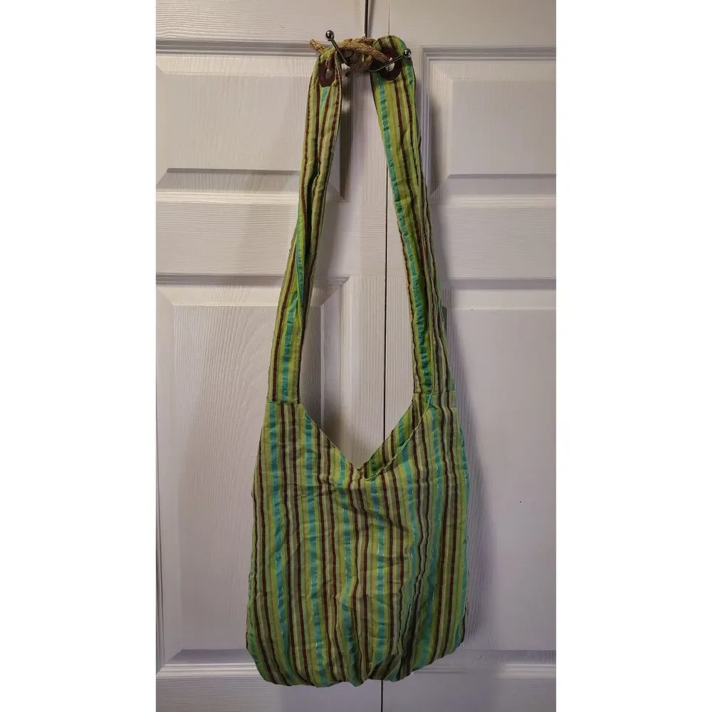 Molly’n Me Green & Blue Striped Floral Sling Bag